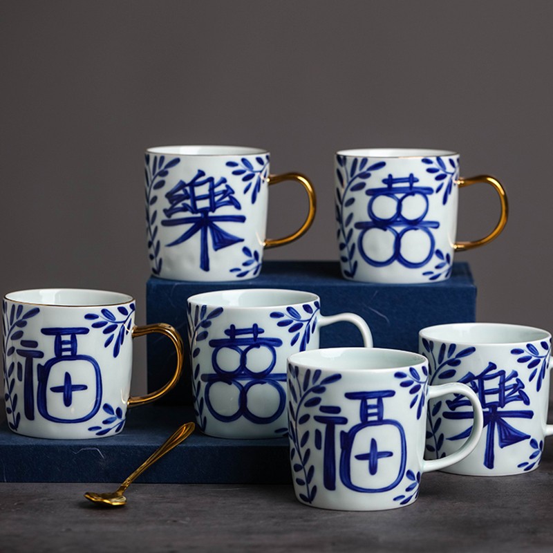 【喜乐福字】水杯子青花陶瓷景德镇马克杯带手柄复古个性创意杯子,餐饮具,马克杯,淘宝优惠券,粉丝福利购,淘宝优惠卷