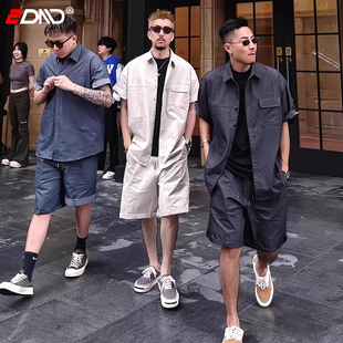 男士 套装 2025新款 夏季 复古蜡染水洗短袖 松弛感痞帅气一套男款 衬衫