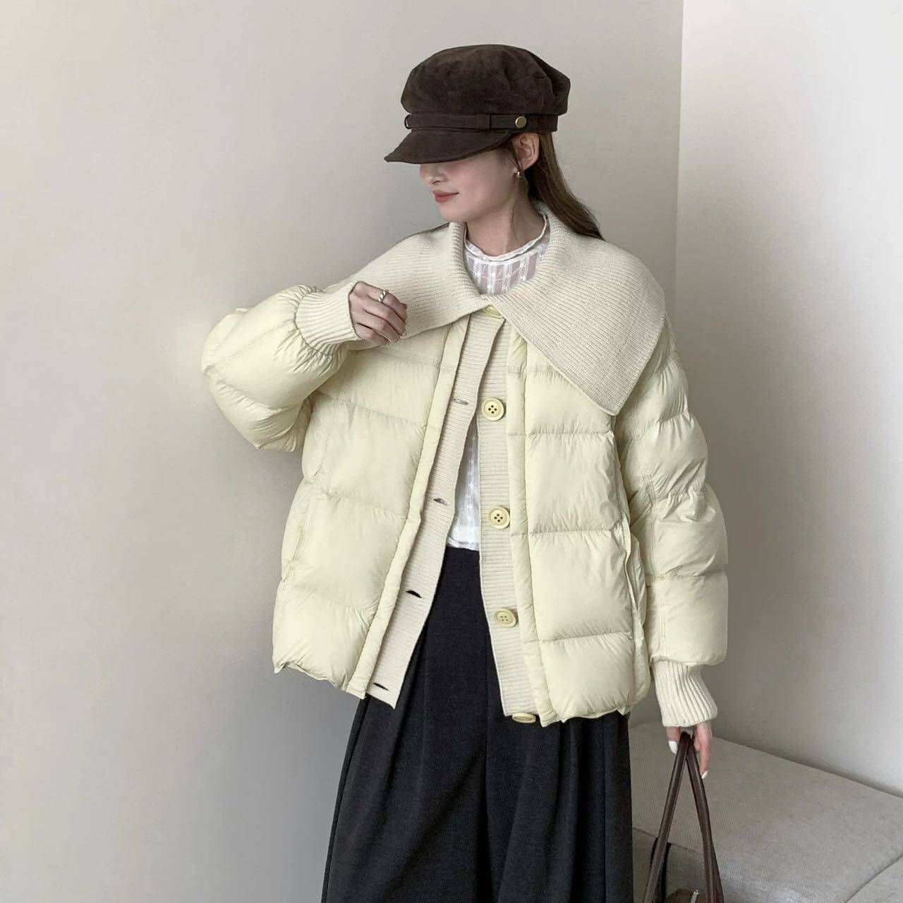 韩系针织大翻领羽绒服