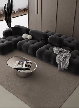 意式极简双面坐黑色复古拉扣面包块沙发创意绒布isn网红直排组合