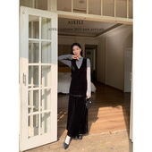 GINNY金莉爱西里2025秋V领木耳边下摆连衣裙 百搭立领针织打底衫