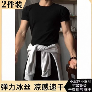 运动休闲弹力t恤透气收袖 短袖 口显臂围纯色上衣圆领打底 夏季 男士