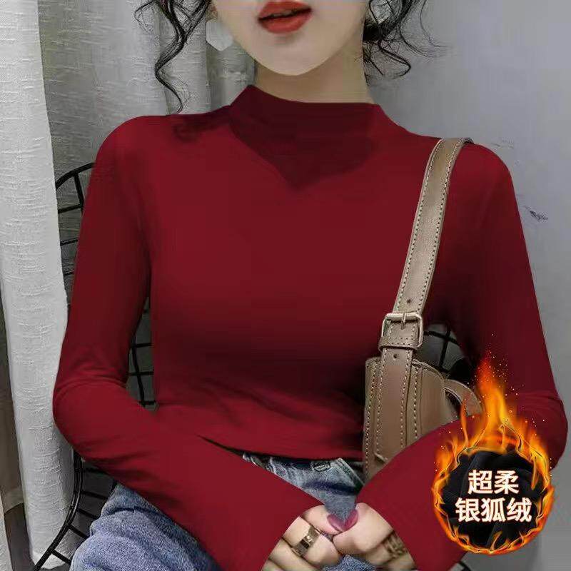 莫代尔秋冬加绒加厚打底衫女上衣半高领百搭洋气修身纯色长袖t恤