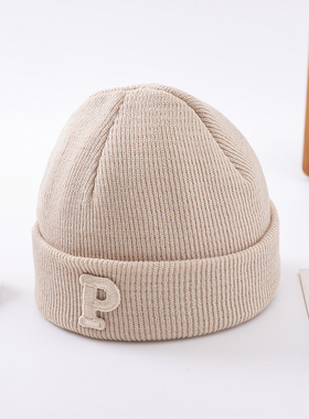 ins韩版简约字母P标婴儿针织毛线套头帽秋冬小宝宝帽子保暖瓜皮帽