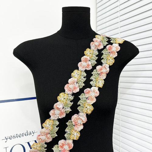 5cm宽亮片珠绣花朵花边婚纱礼服DIY辅料民族风舞蹈服装饰幻彩蕾丝
