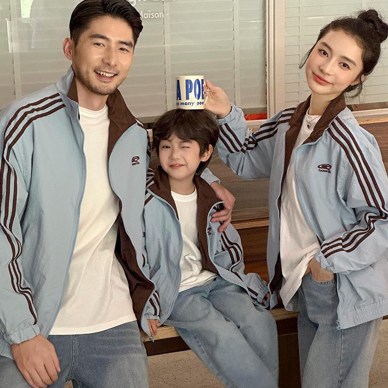 美式复古开衫外套亲子装春秋宽松休闲运动夹克家庭装母子女装上衣