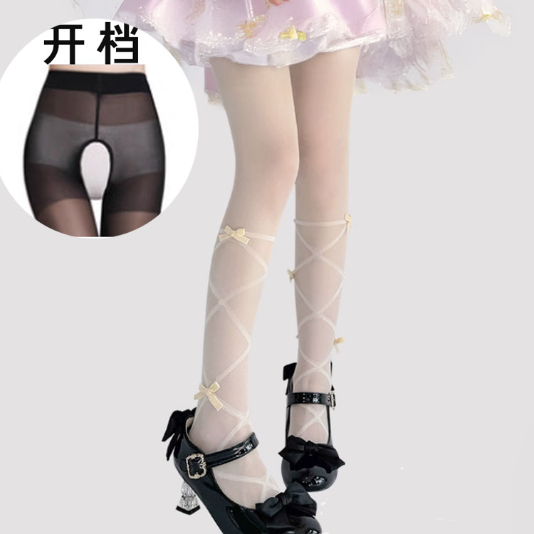 开档白色丝袜春夏洛丽塔蝴蝶结绑带女超薄款防勾丝lolita连裤袜