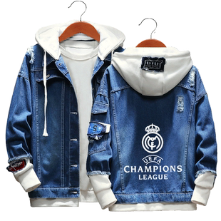 皇马切尔西拉齐奥欧冠足球迷服牛仔外套薄款男女加绒连帽夹克