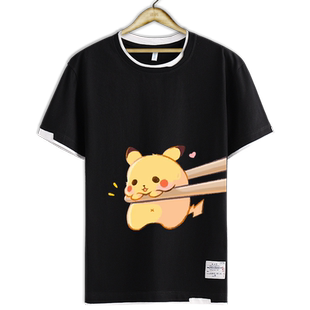 精灵宝可梦卡达鸭皮卡丘动漫周边拼接短袖t恤衫男女假两件半截袖