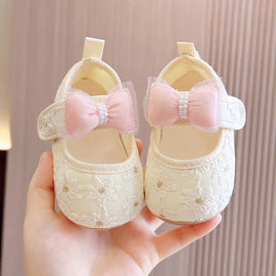 1周岁女宝宝可爱蕾丝蝴蝶结透气棉布百搭学步鞋 婴儿公主鞋 秋季