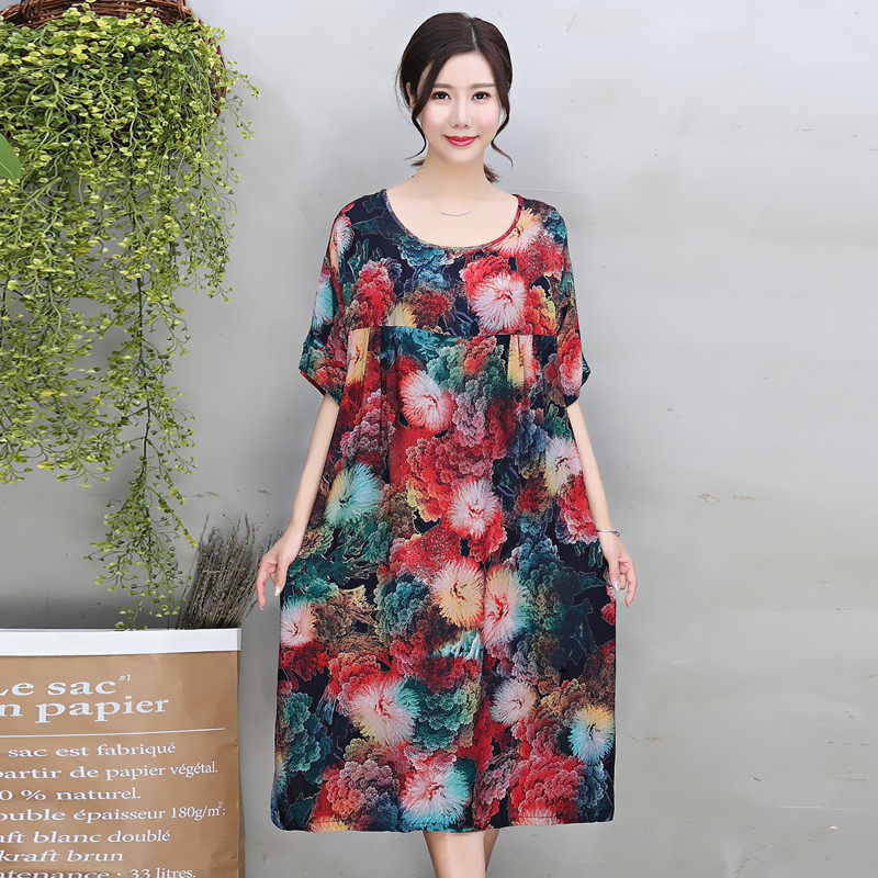 夏女特大码短袖棉绸睡裙长裙中老年人造棉 200斤孕妇可外穿家居服