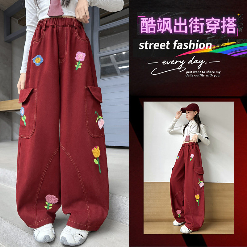 2026春季新款洋气女童时尚毛巾绣安可拉红工装裤,童装/婴儿装/亲子装,裤子,淘宝优惠券,粉丝福利购,淘宝优惠卷