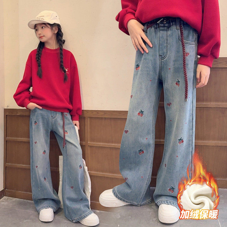 2025冬季新款洋气女童烫钻樱桃加绒牛仔裤
