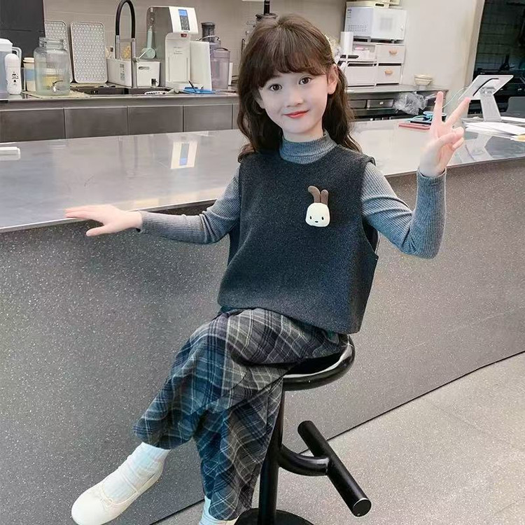 2025秋季新款洋气女童呢子马甲长袖格子裤