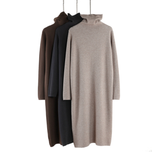 2025冬季 过膝打底内搭针织毛衣连衣裙子女 慵懒宽松外穿高领中长款