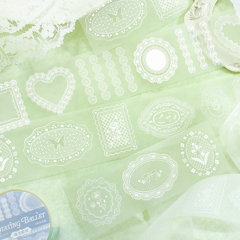 高颜值整卷闪砂模切PET胶带蕾丝圆舞曲系列可爱少女心手账素材拼贴打底造景贴纸贴画欧美风格蕾丝边框花边