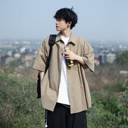 日系复古痞帅衬衫男ins潮牌短袖潮流韩版宽松情侣设计感小众衬衣