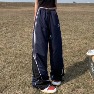 复古休闲裤 宽松阔腿卫裤 春夏秋季 束脚裤 潮 侧边撞色条纹运动裤 美式