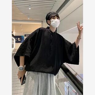 法式衬衫男短袖夏季薄款高级感小众蝙蝠袖韩系套头衬衣七分袖polo