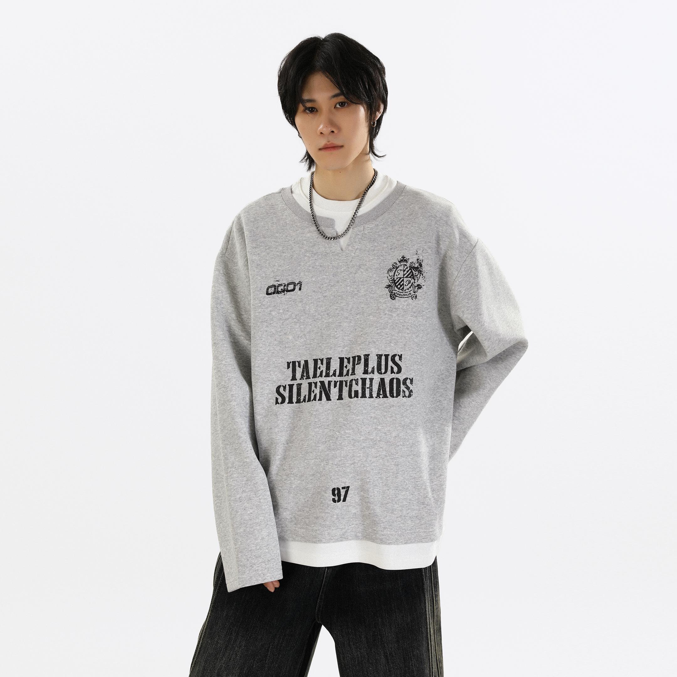 美式覆古vintage假两件做旧印花长袖厚T男女宽松套头情侣卫衣上衣