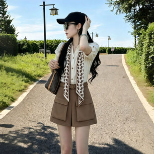 两件套送丝巾腰带夏季新款轻工装甜酷风设计感上衣裤套装女D7774