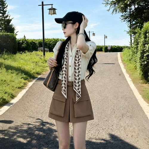 两件套送丝巾腰带夏季新款轻工装甜酷风设计感上衣裤套装女D7774
