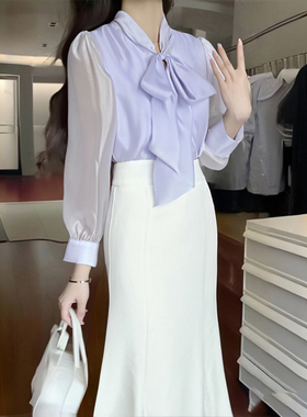 2026秋季新款有里布紫色系带灯笼袖衬衫+半身裙套装两件套D3573