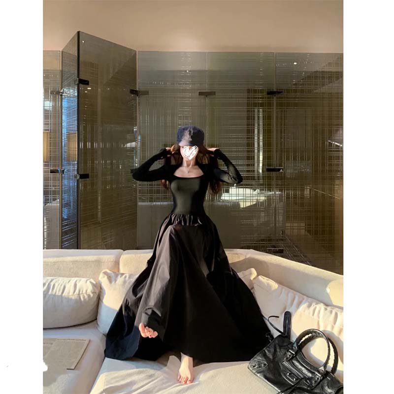 纯欲风拼接方领长袖连衣裙2025秋季新款高腰大摆裙气质长裙D4203