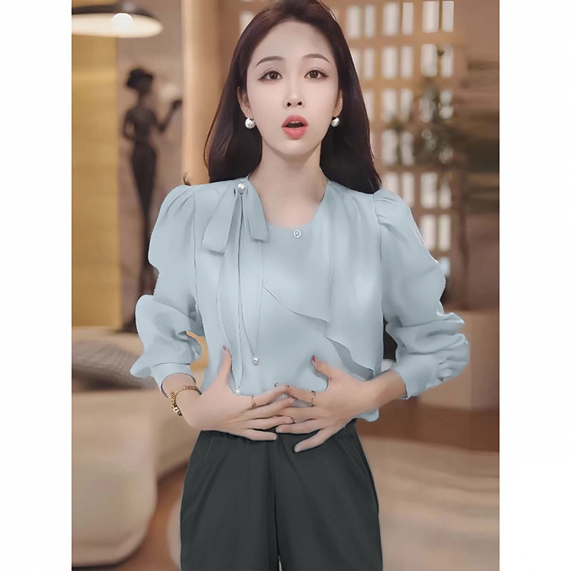 小众飘带长袖衬衫女春秋季显瘦气质上衣+裤子套装两件套D3553