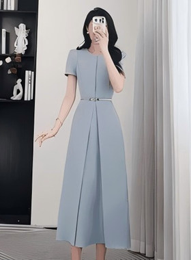 名嫒风轻奢晚礼服2026夏季新短袖收腰显瘦高腰连衣裙D1558