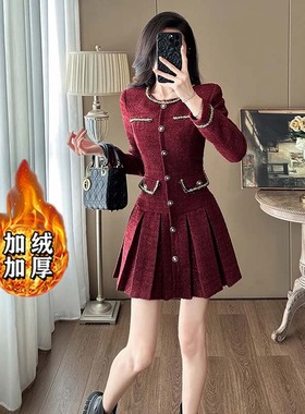 2025冬季新款加绒加厚轻熟风百褶裙时尚设计小香风连衣裙LJ0215