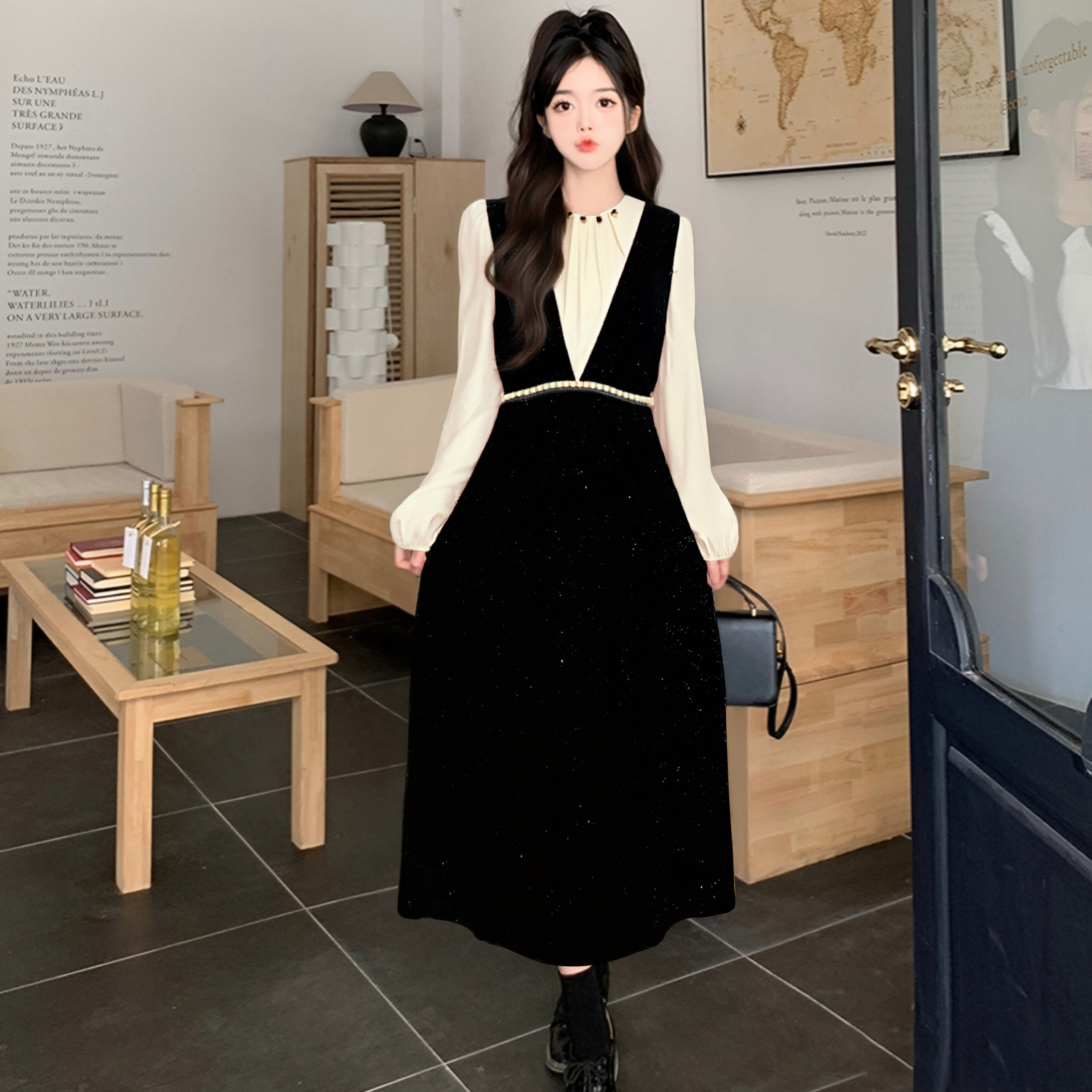 2025秋季新款法式复古拼接假两件黑色连衣裙女装打底裙D3916A