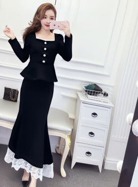 长袖方领上衣纯欲包臀裙套装2026秋季新款鱼尾半身裙两件套DM0014