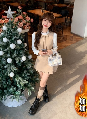 2025冬季新款高端学院风假两件蝴蝶结修身显瘦收腰连衣裙女D4352