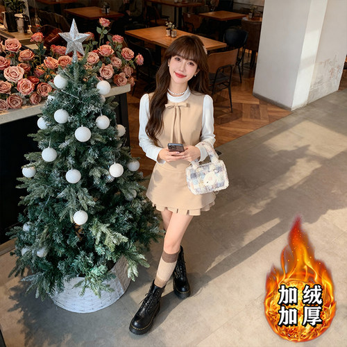 2026冬季新款高端学院风假两件蝴蝶结修身显瘦收腰连衣裙女D4352