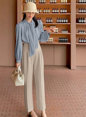 2025秋季新款显瘦百搭上衣+高腰休闲西装阔腿裤女套装两件套D3619