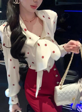 2025秋季新款法式复古修身长袖波点衬衫+西装长裤两件套D3530