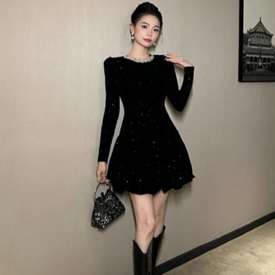 洋气轻奢小香风显瘦气质名媛时尚拼接韩版连衣裙亮片小黑裙D0186