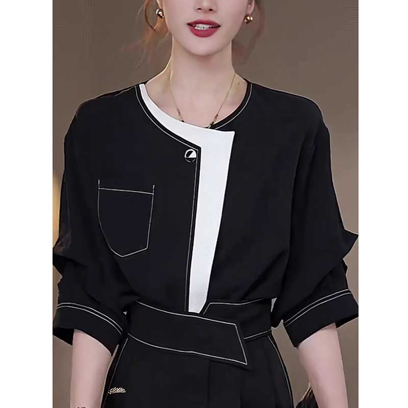 2025夏季新款轻奢高级衬衣设计感气质通勤显瘦百搭两件套D1022