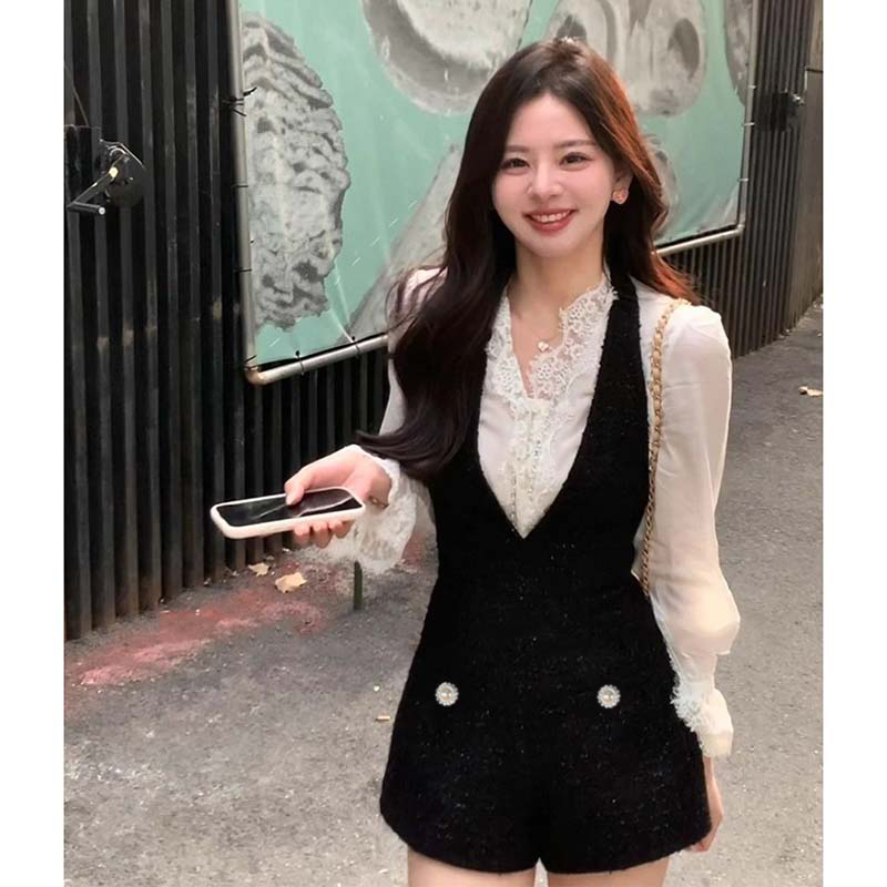 【两件套】微胖mm法式名媛蕾丝拼接衬衫女高级感连体裤套装D3382