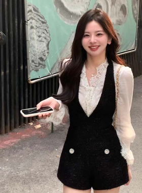 【两件套】微胖mm法式名媛蕾丝拼接衬衫女高级感连体裤套装D3382