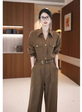 送腰带2025秋季新款复古轻奢显瘦翻领衬衫高腰阔腿裤套装JT0093