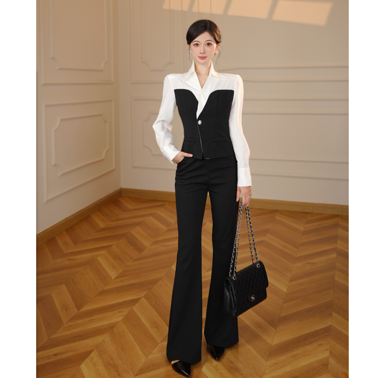 2025秋季新款显瘦时尚黑白减龄上衣+长裤两件套D3918