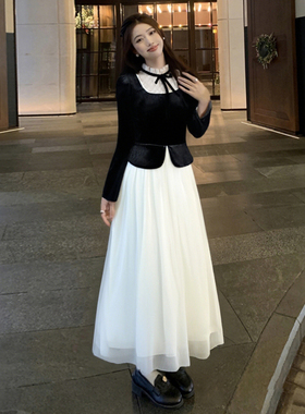 2025秋季新款有里布法式复古千金风设计假两件纱裙D3912A