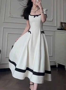 高级感撞色蝴蝶结连衣裙2025夏季新款法式收腰显瘦a字裙D1466