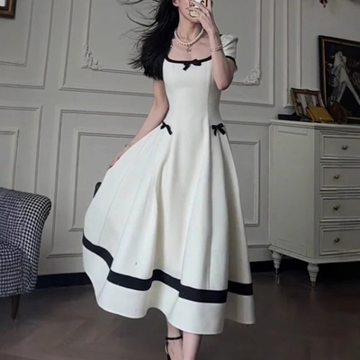 高级感撞色蝴蝶结连衣裙2026夏季新款法式收腰显瘦a字裙D1466