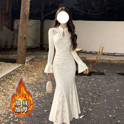 2025冬季新款加绒加厚有里布轻奢立领长袖蕾丝中长款连衣裙D4194A