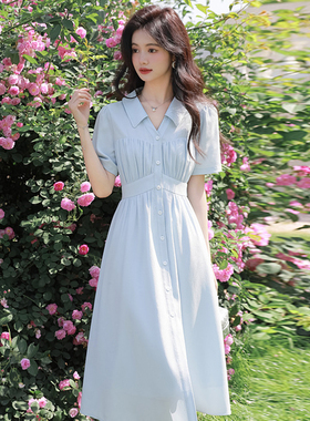 法式复古蓝色短袖连衣裙女2025新款V领气质通勤高腰纯色a字裙6788