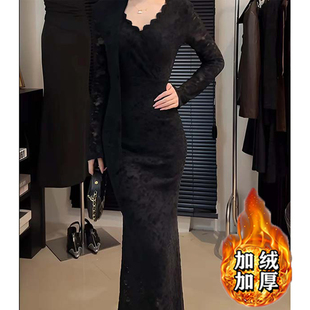 加绒加厚蕾丝镂空V领连衣裙2025秋冬新款 裙子DM0222 显瘦修身