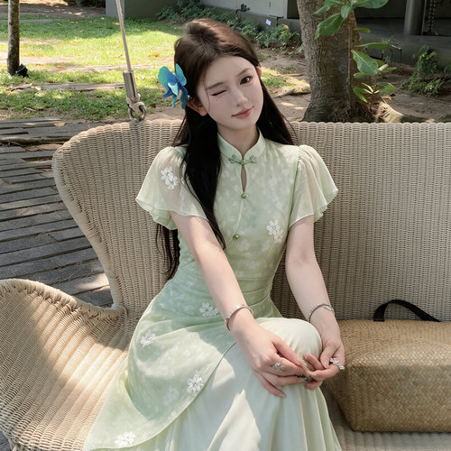 新中式风绿色连衣裙女夏季立领盘扣短袖修身长裙气质复古裙D9769